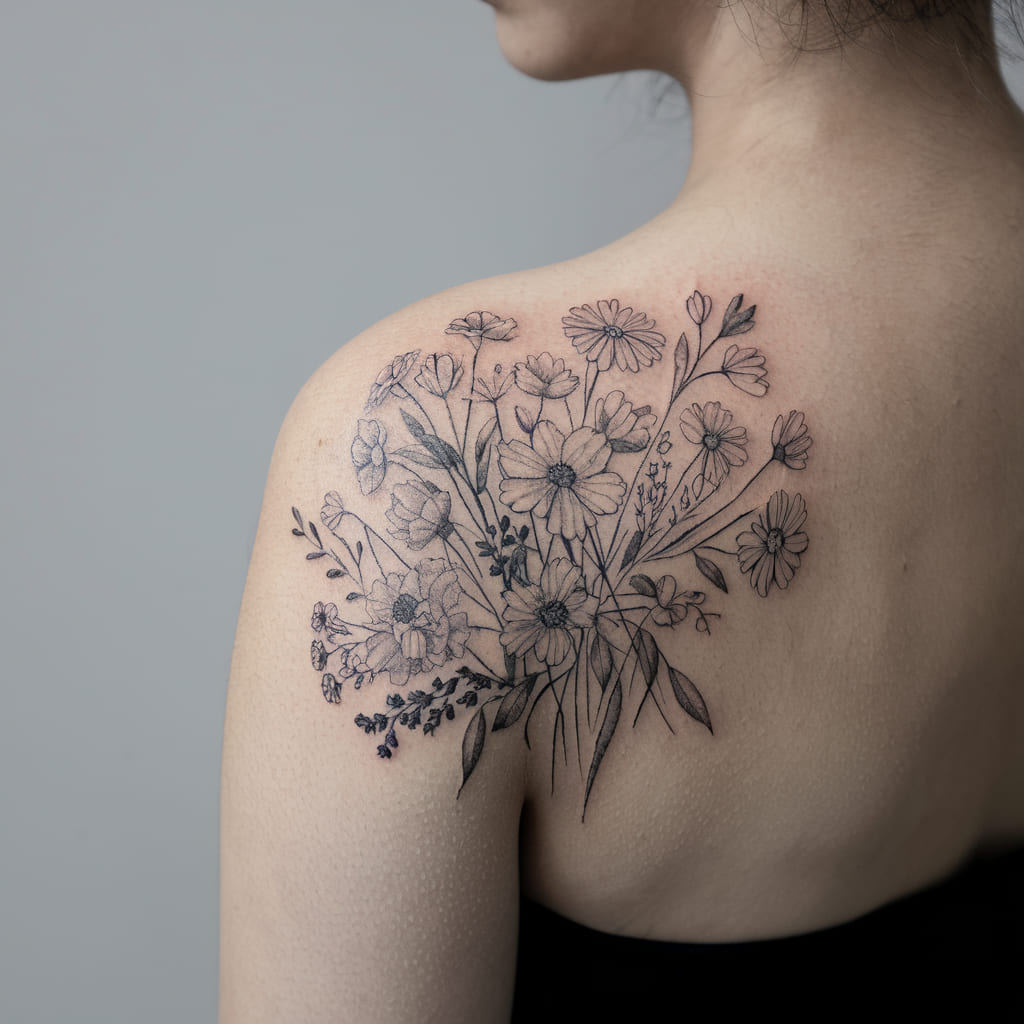 Black and Grey Wildflower Bouquet on the Shoulder Blade