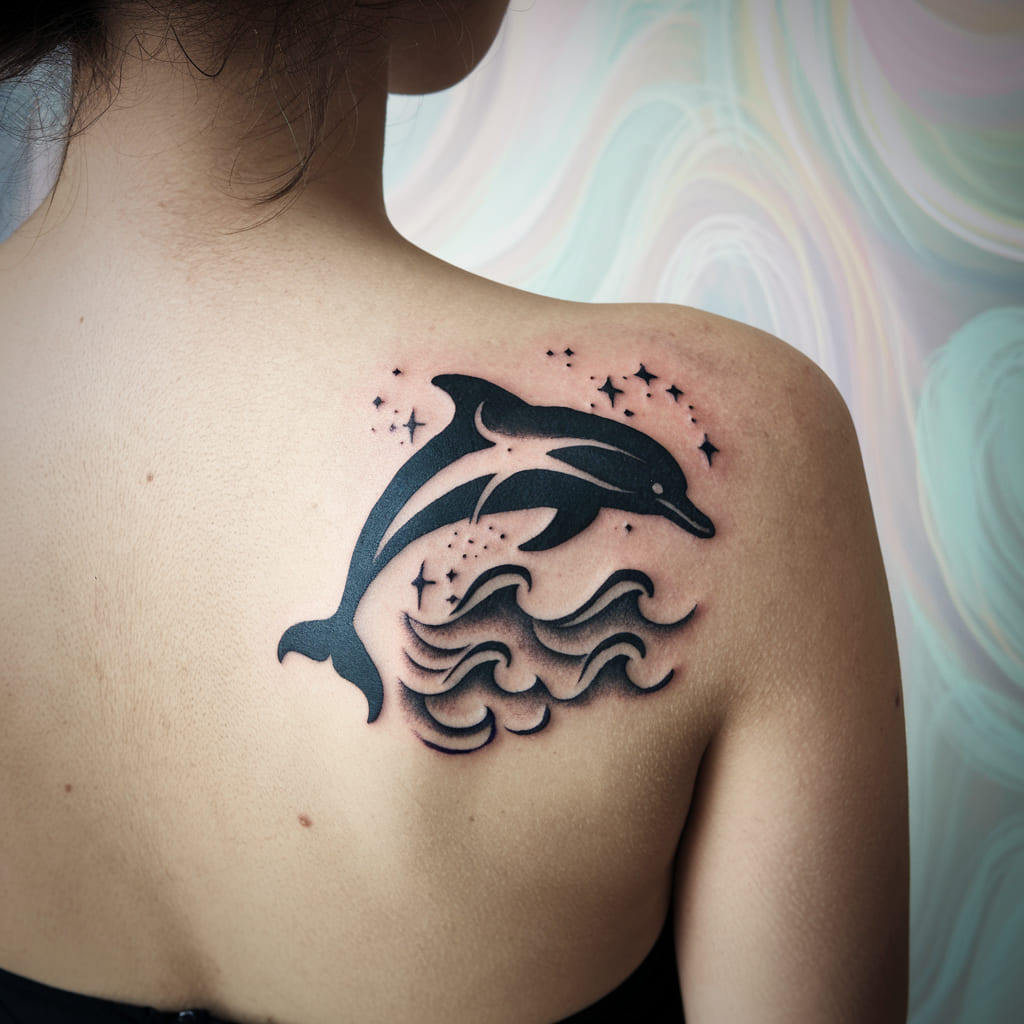 Dolphin Silhouette with Stars on the Back