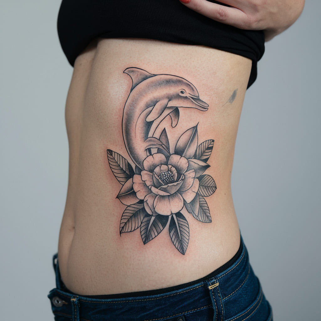 Dolphin and Flower Combo on the Ribcage