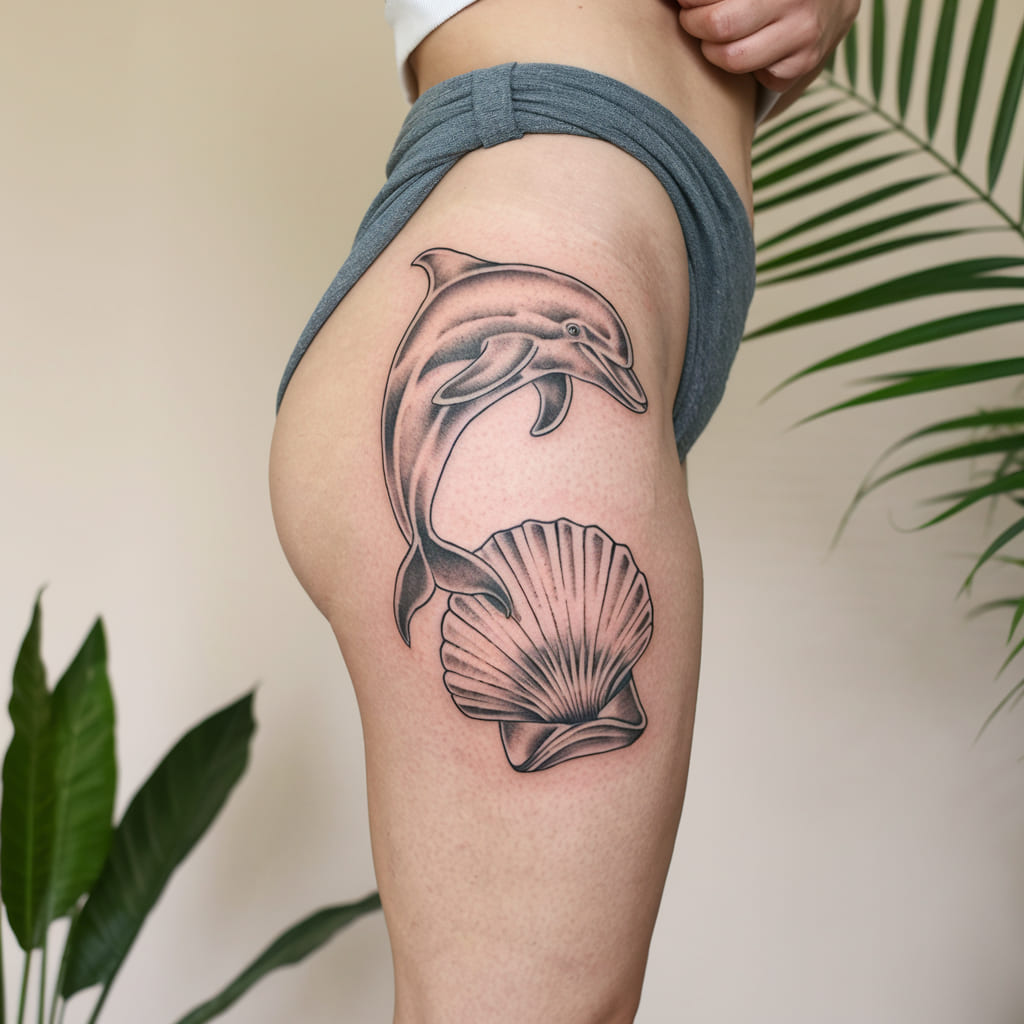 Dolphin and Seashell on the Thigh