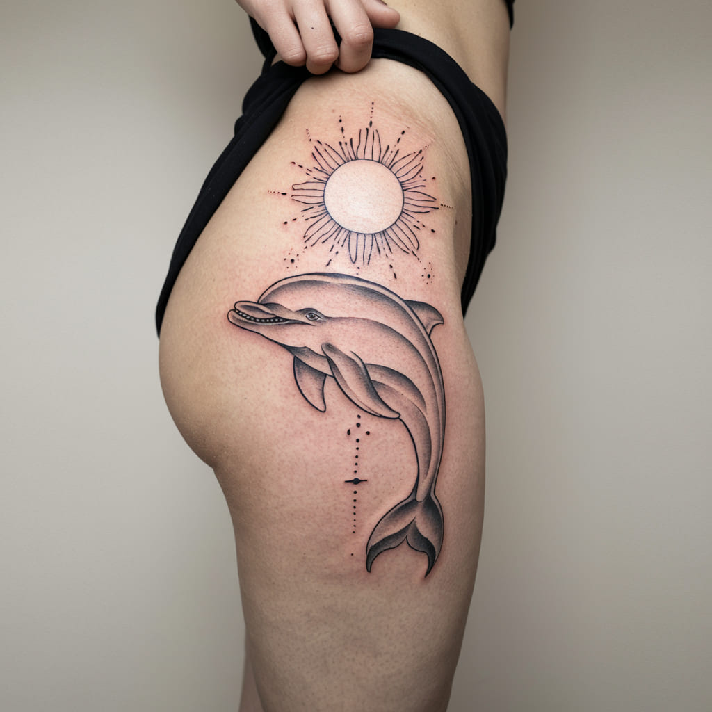 Dolphin and Sun Design on the Thigh