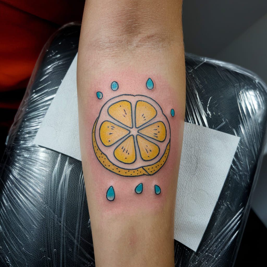 Lemon Slice with Tiny Drops on the Forearm