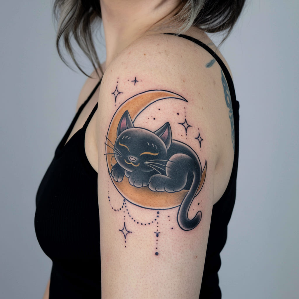 Sleeping Cat Under a Crescent Moon