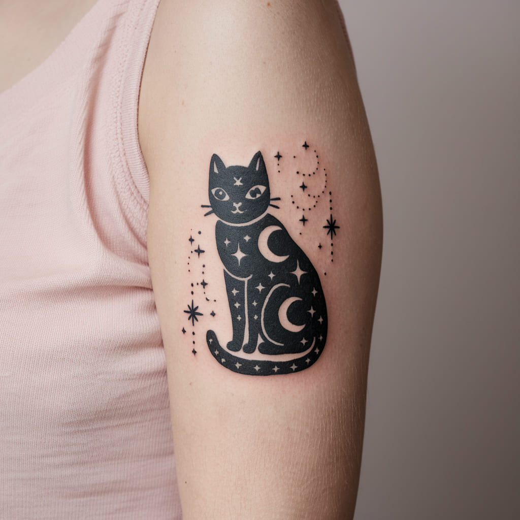 Stylized Cat with Stars and Moons