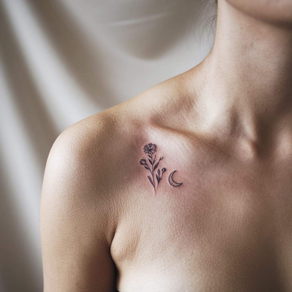 Tiny Wildflower and Moon on the Collarbone