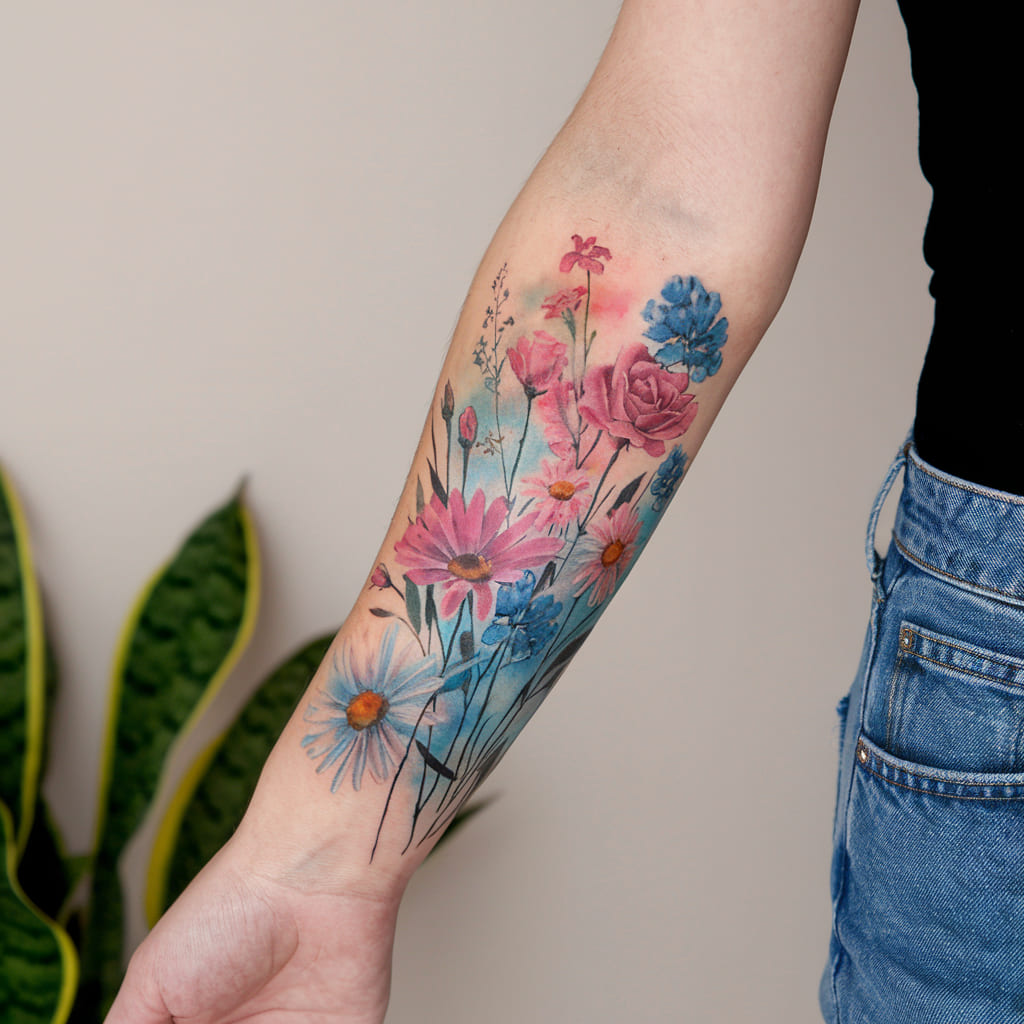 Watercolor Wildflowers on the Forearm