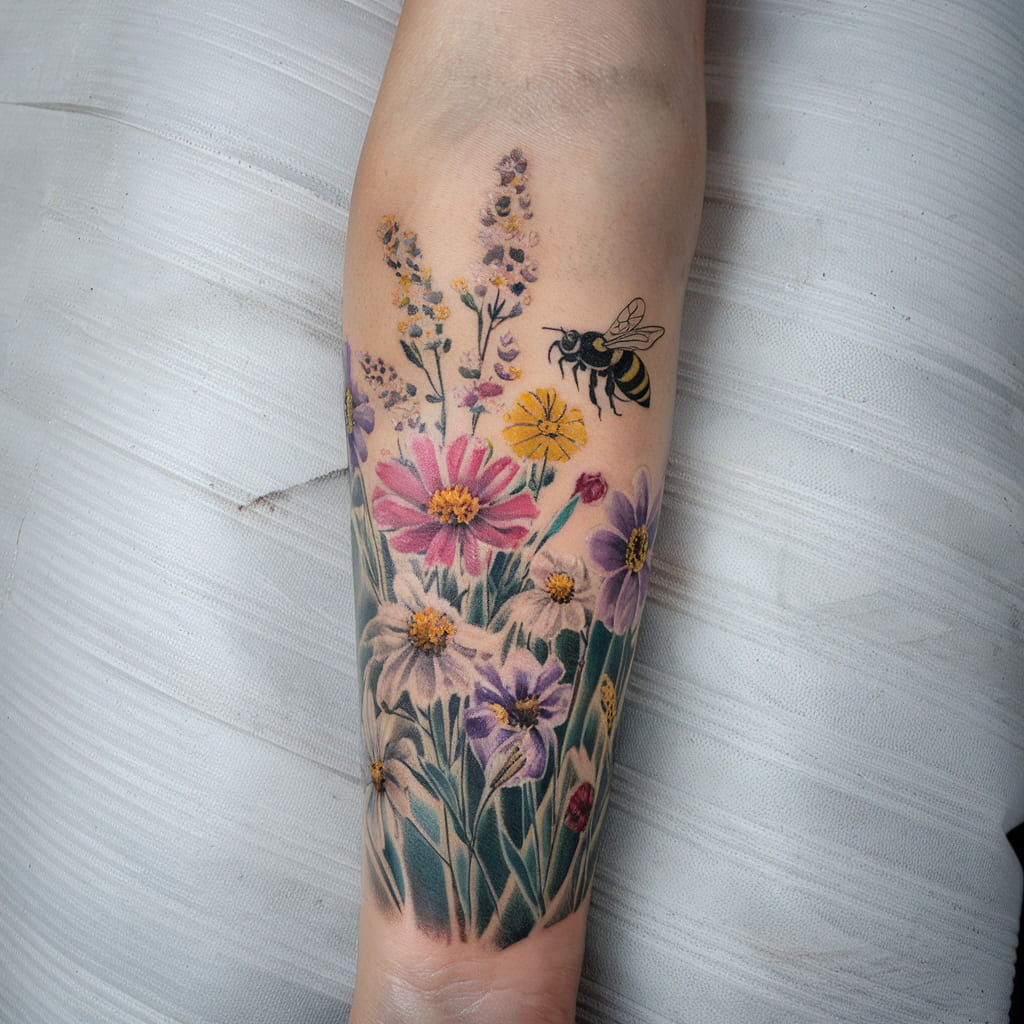 Wildflowers and a Bee on the Forearm