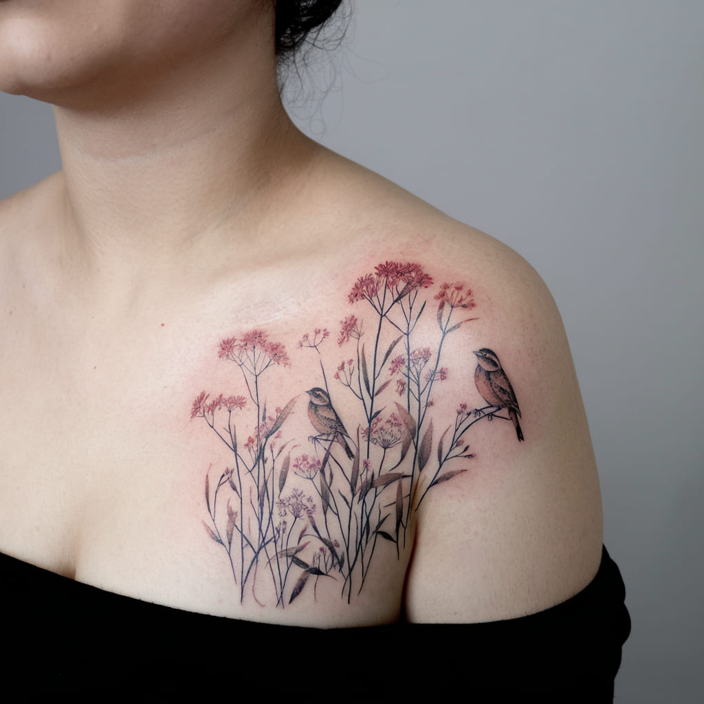 Wildflowers with Birds on the Shoulder