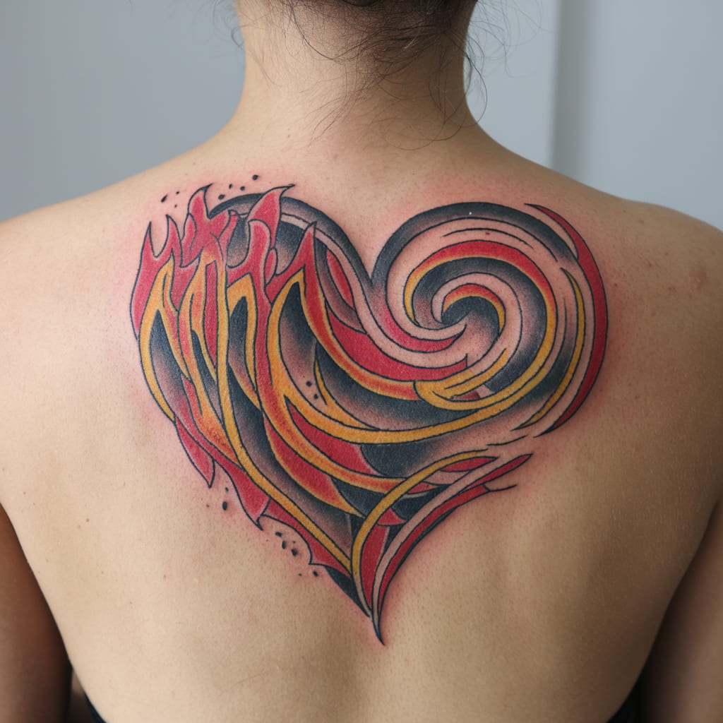 Abstract Fire Spiral Heart Tattoo