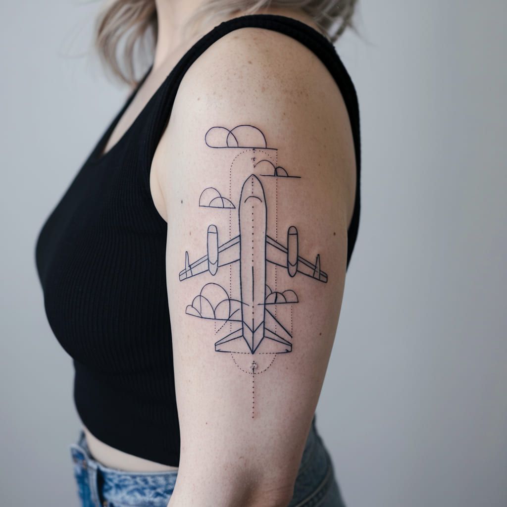 Airplane with Geometric Cloud Shapes