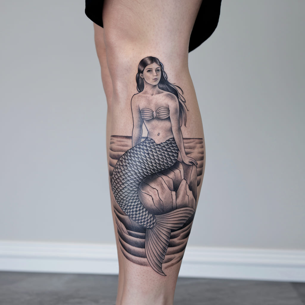 Black and Grey Mermaid Tattoo