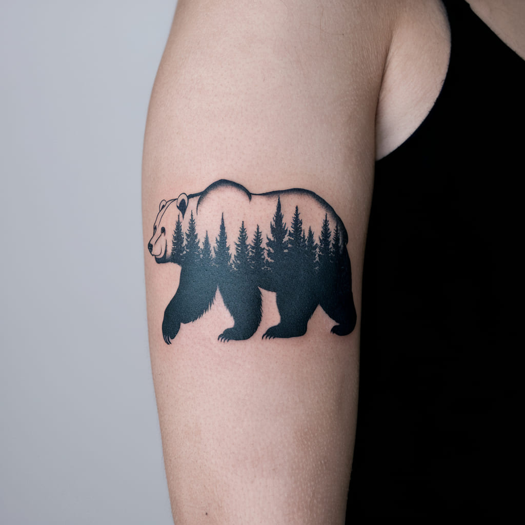 Bold Bear with Forest Silhouettes