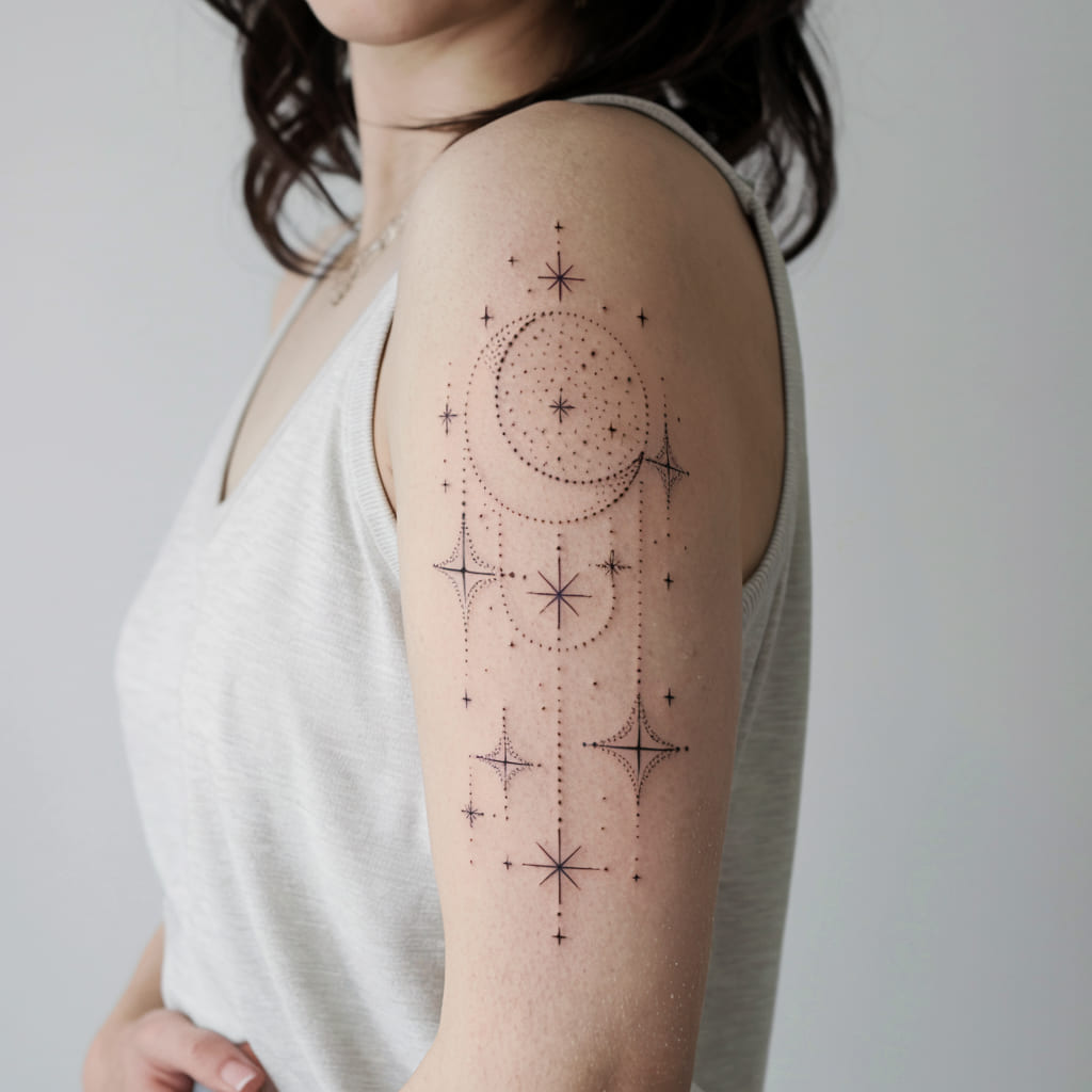 Celestial Family Tattoo with Stars and Moon