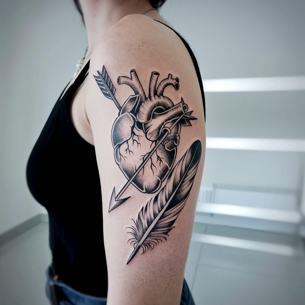 Heart with Feather Quill Tattoo