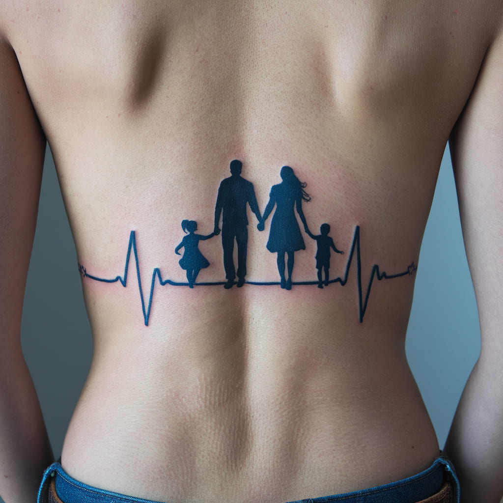 Heartbeat with Family Silhouettes Tattoo