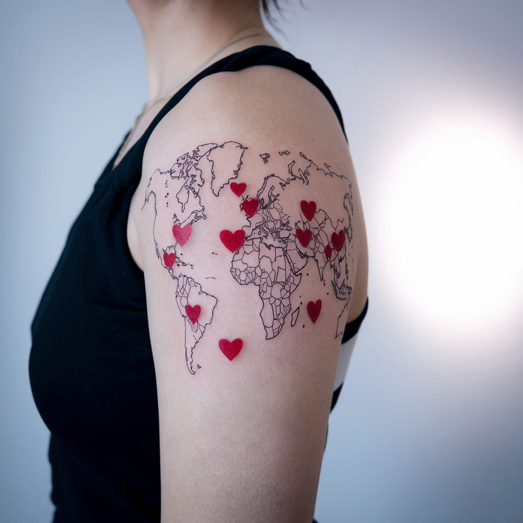 Map of the World with Family Locations Tattoo