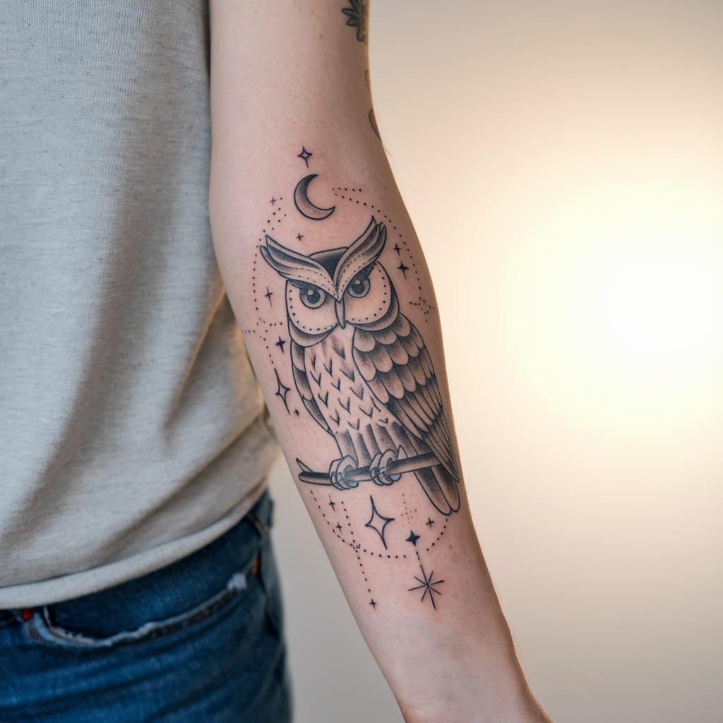 Wise Owl with Stars and Moons